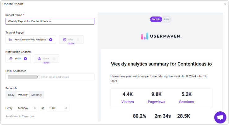 Analytics reports in Usermaven