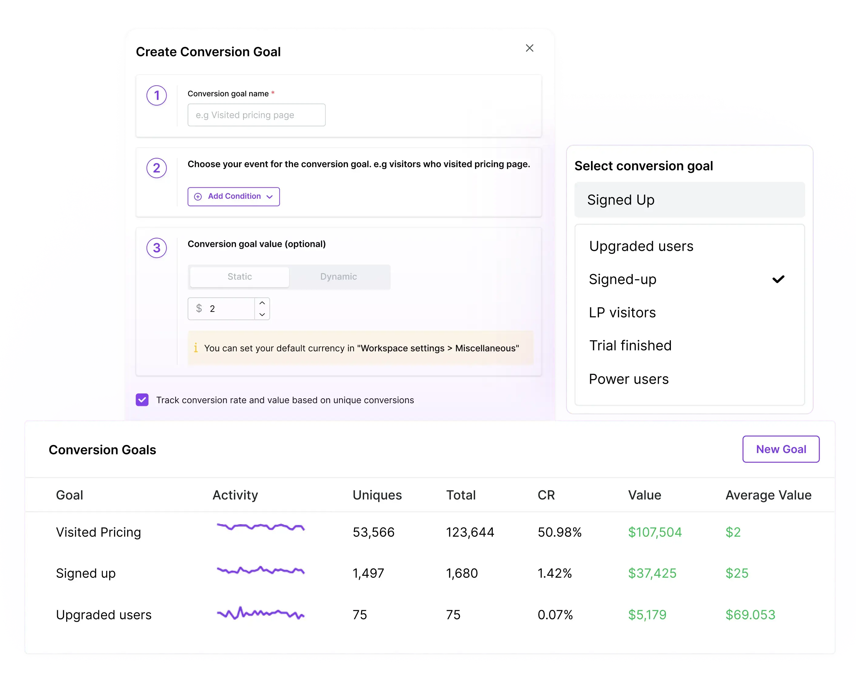 Conversion goals in Usermaven