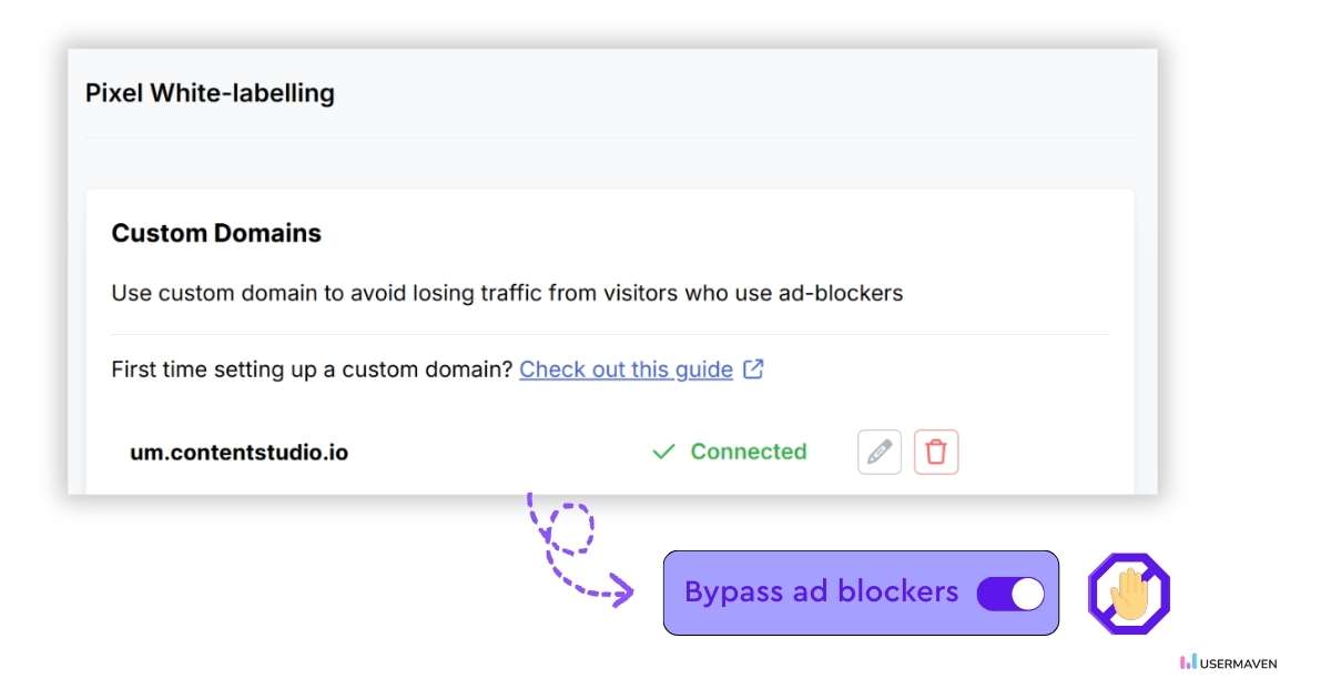 Bypass ad blockers and capture accurate analytics using pixel white labelling in Usermaven.