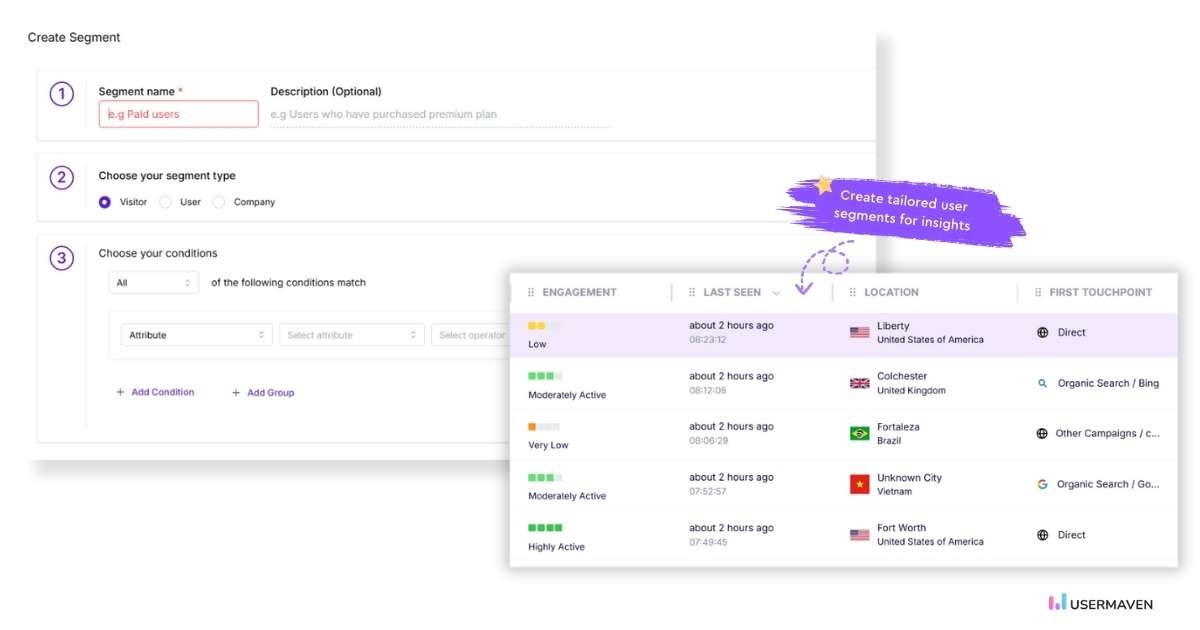 Create customized user segments to gain deeper insights and refine marketing strategies in Usermaven.