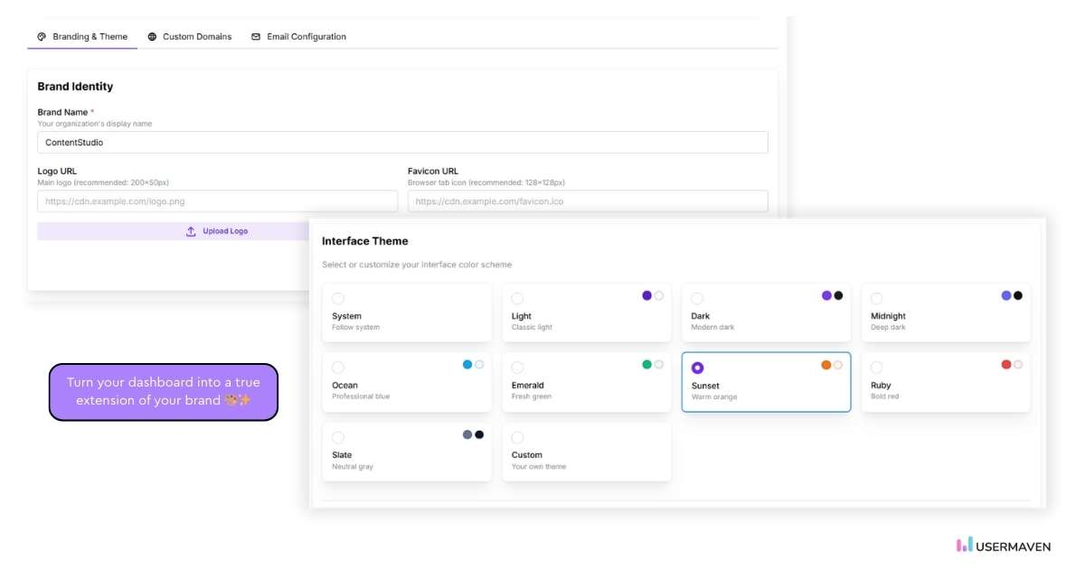 Personalize dashboards with logos, colors, and themes in Usermaven’s white label analytics.