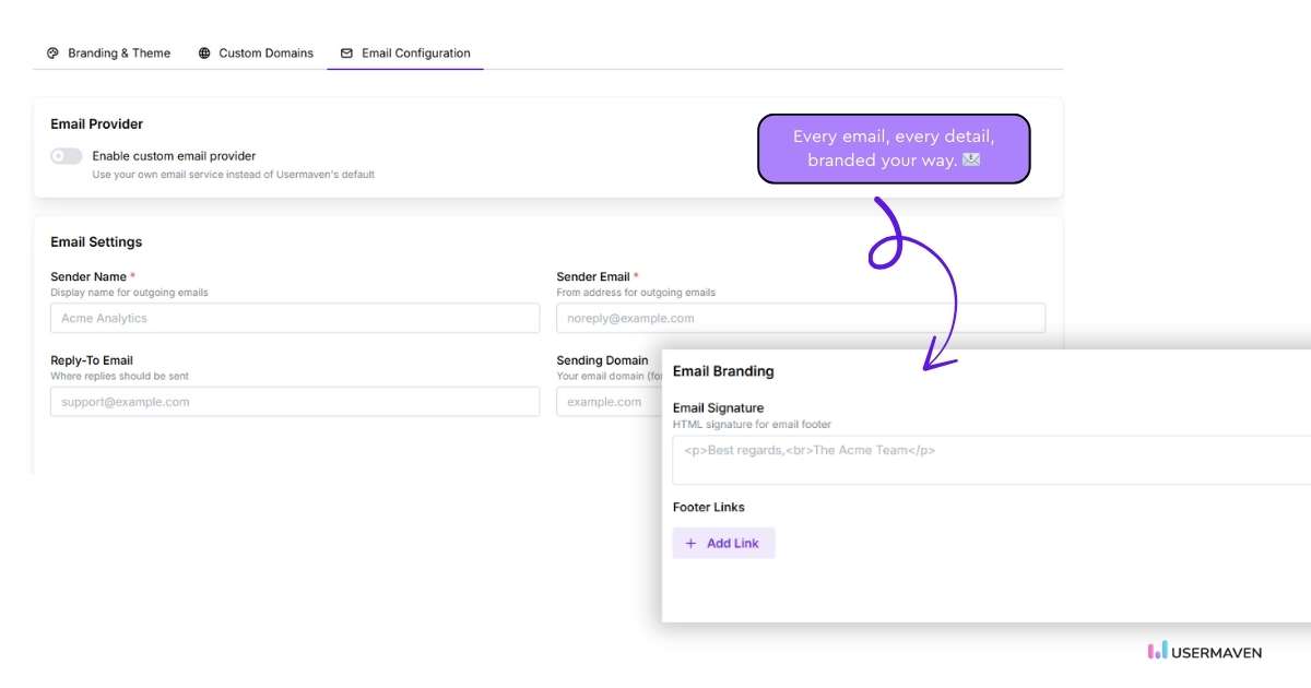 Send fully branded client emails through Usermaven white label analytics.