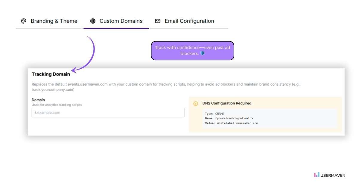 Scale confidently and bypass ad blockers with Usermaven white label analytics.