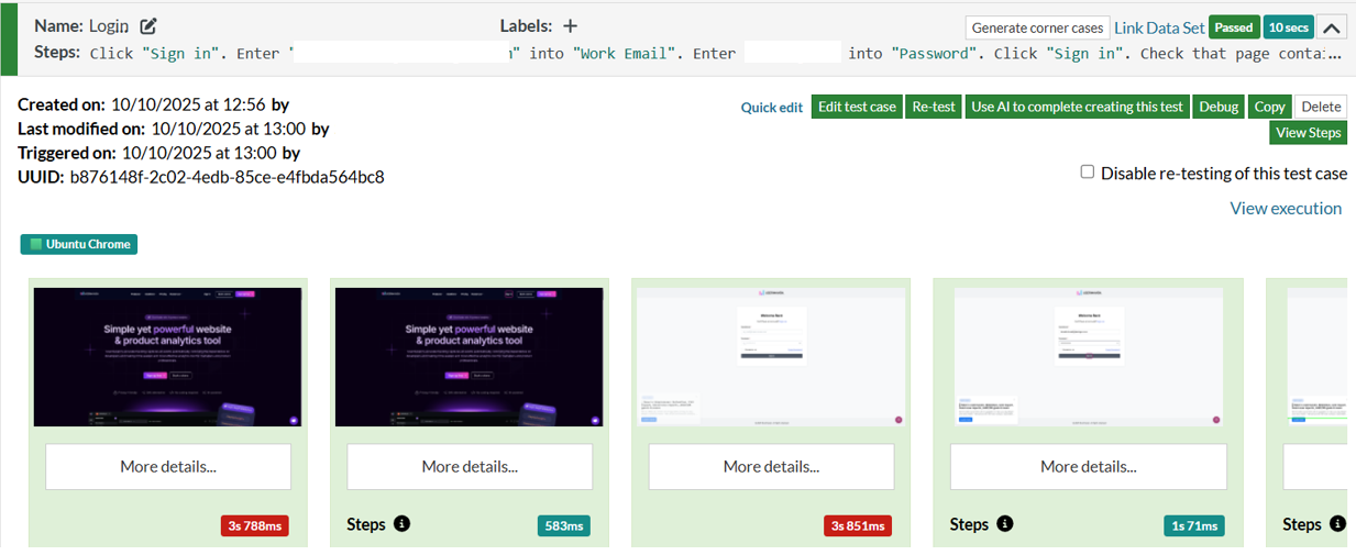 Automation tool capturing a series of screenshots for each step