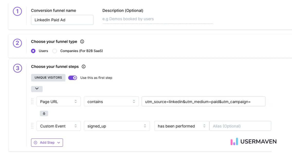 Conversion funnels in Usermaven