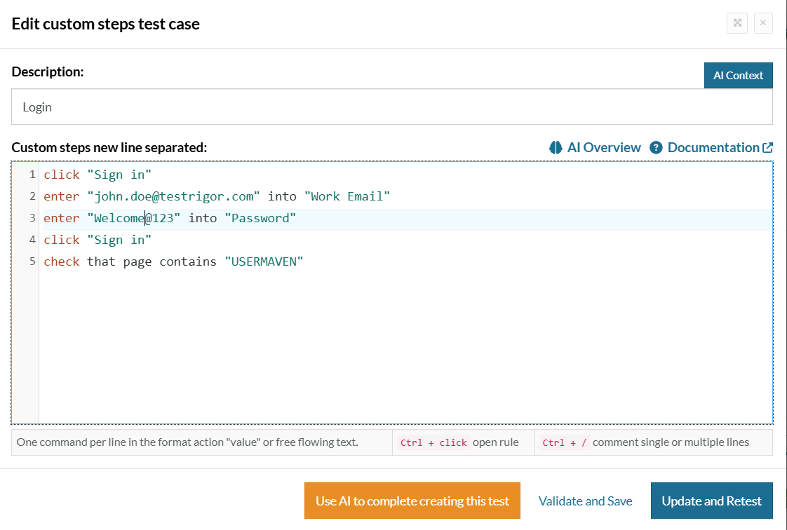 Generating a test case for testing the login method in Usermaven