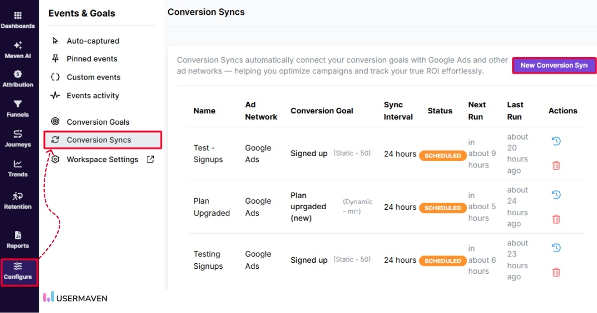 Conversion Syncs in Usermaven