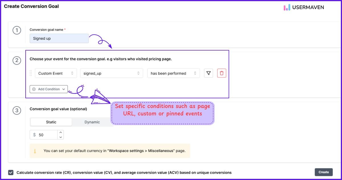conversion goals in Usermaven