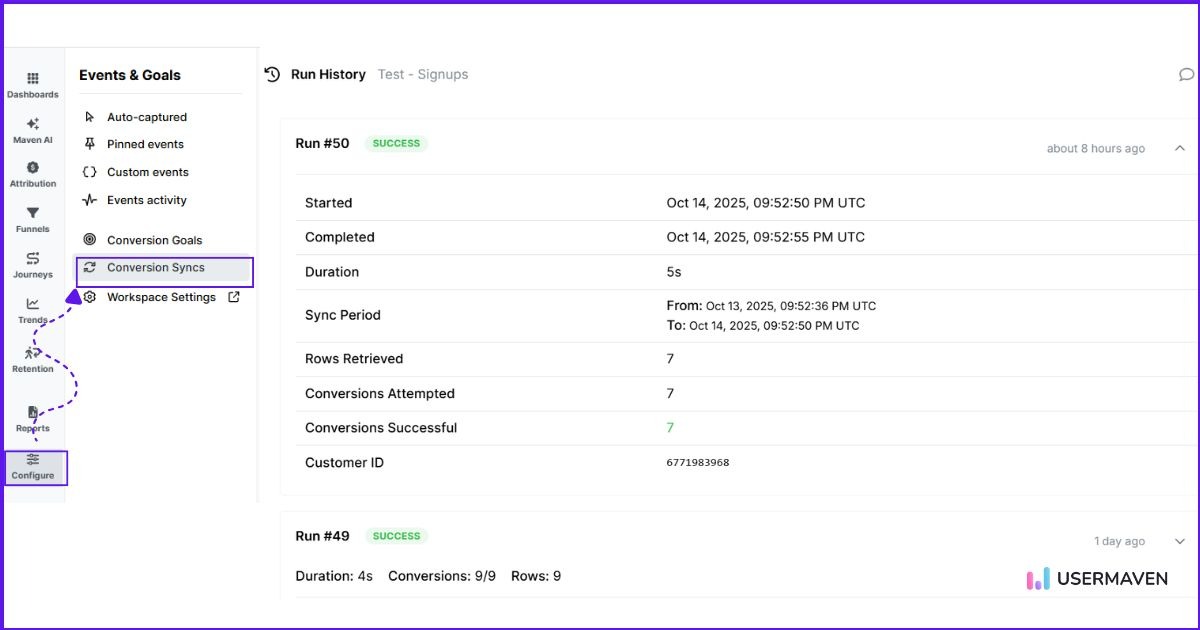 conversion syncs in Usermaven