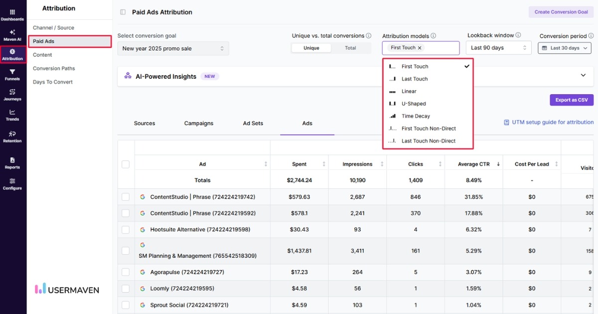 Paid Ad attribution in Usermaven