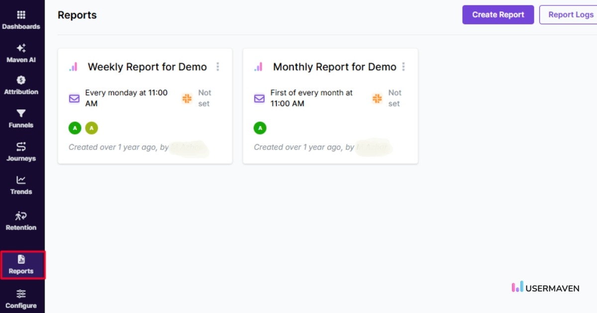 Reports in Usermaven