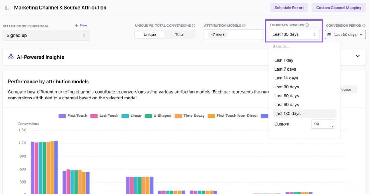 180 day lookback window in Usermaven