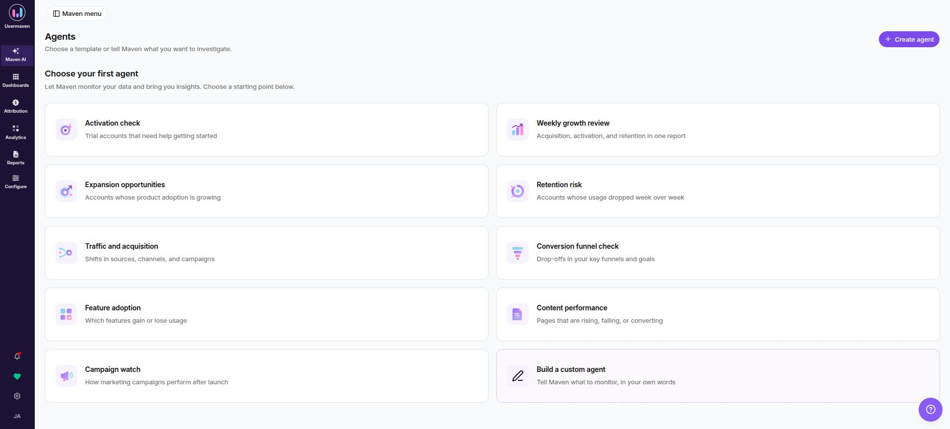 Maven AI Agents page showing available monitoring templates