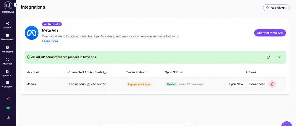 Meta Ads integration screen